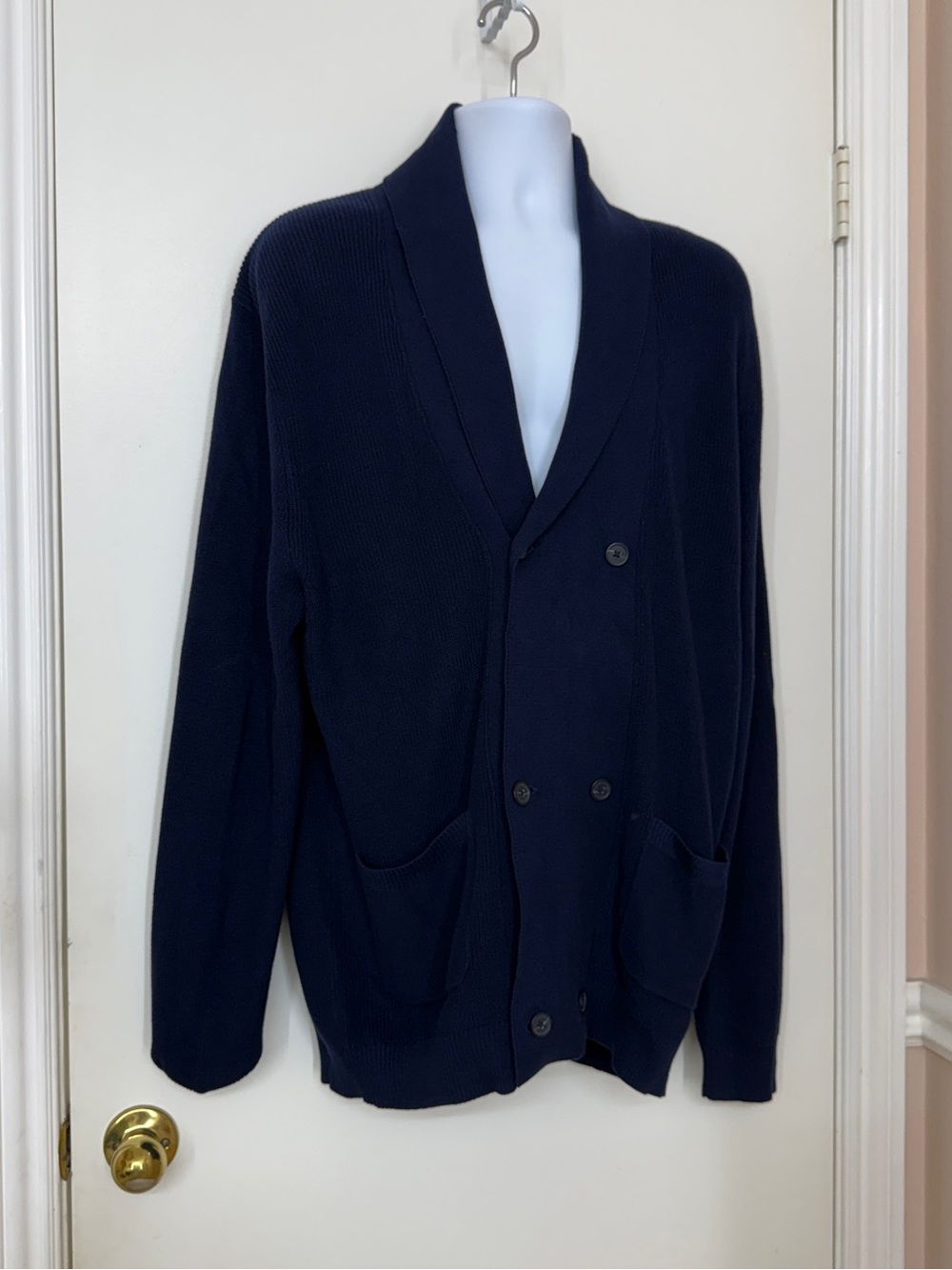 Tasso Elba Mens XL Navy Blue Supima Cotton Shawl Collar Double Breasted Cardigan